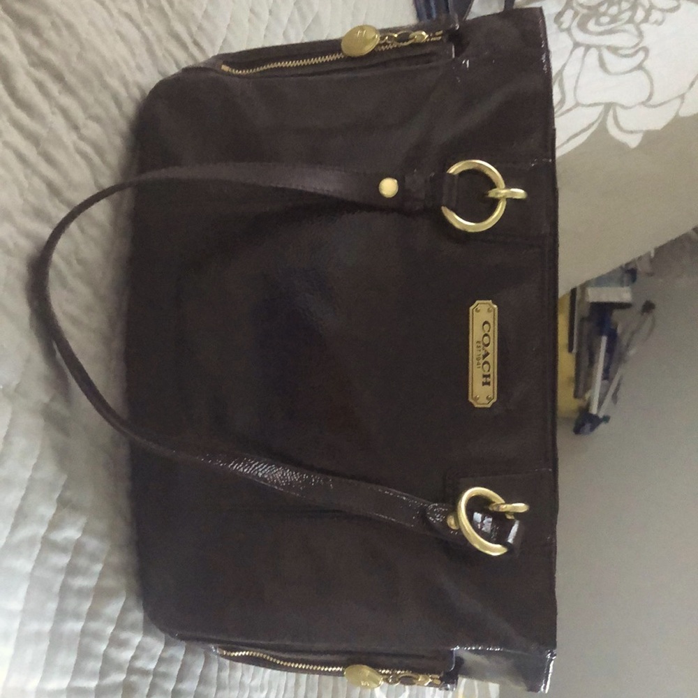 Brown patient leather Coach handbag